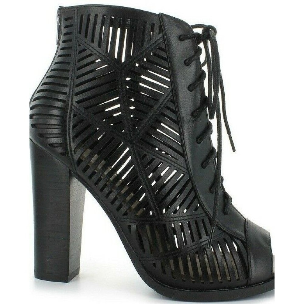 Chelsea Moreland Women's Shoes Sexy Black Lace Up Zip Open Toe Heels Size 9 NWOB